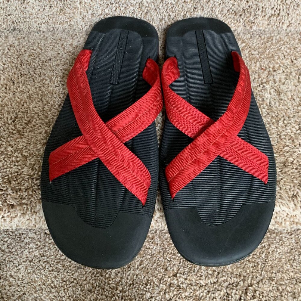 Prada Sport Red Colorblock Pattern Crossover Straps Canvas Slides - Picture 7 of 13
